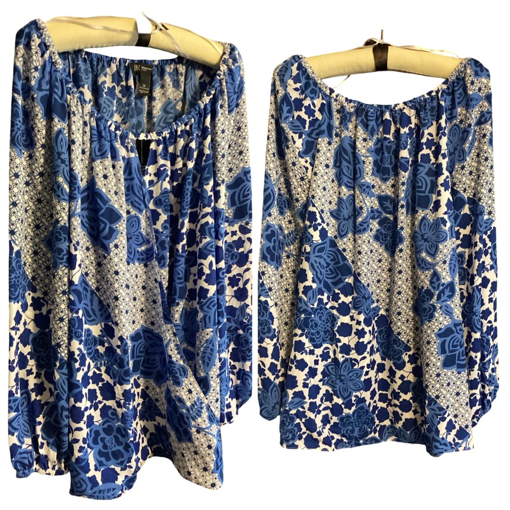🚨 NWT INC International Concepts Blue and White Floral Blouse Top Shirt Size 2X